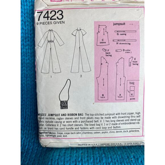 Simplicity 7423 Sewing pattern jumpsuit wide leg ribbon bag 1970s size 12 - Picture 3 of 4